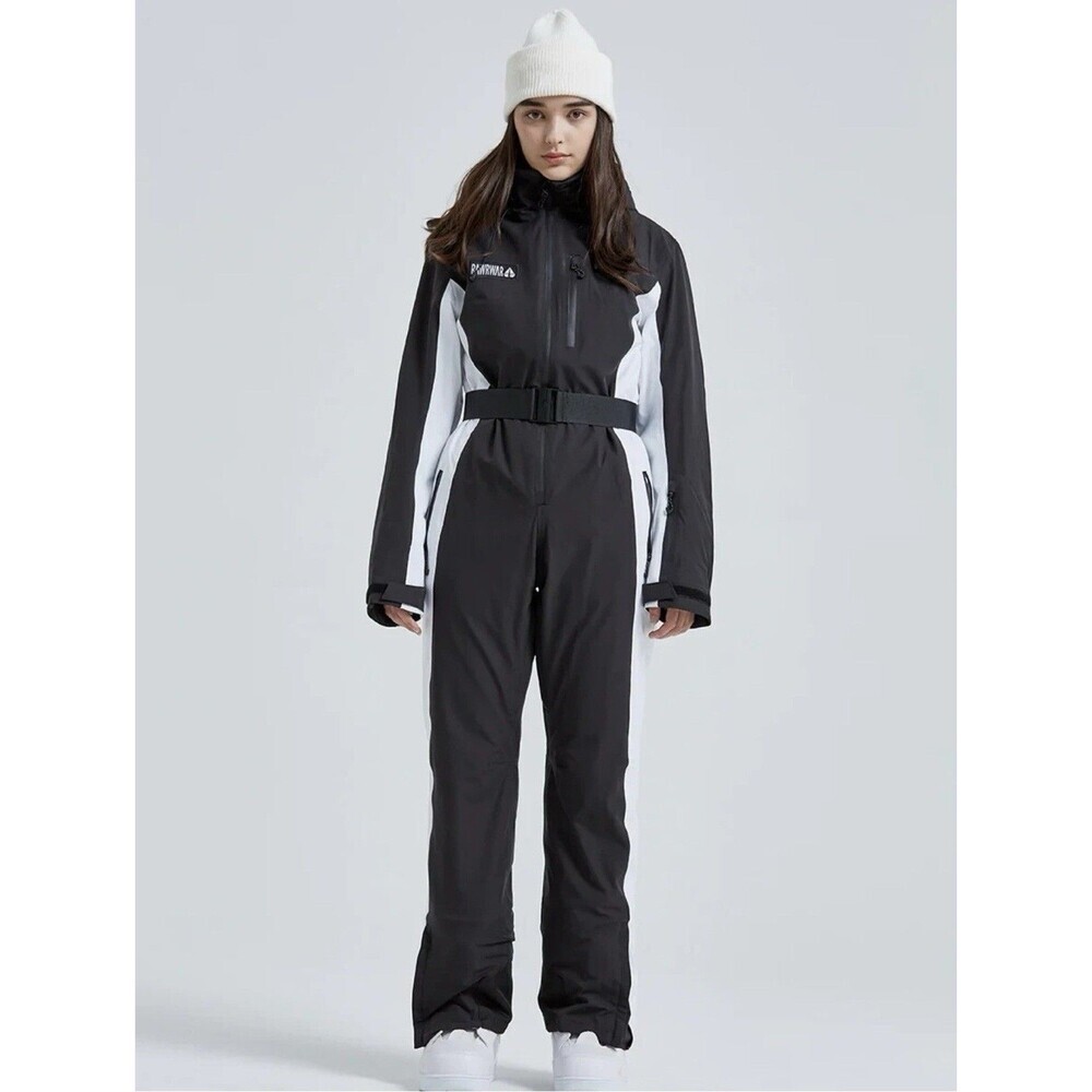 RAWRWAR Women High Neck Hooded One Piece Ski SnowSuit Black White Medium $300